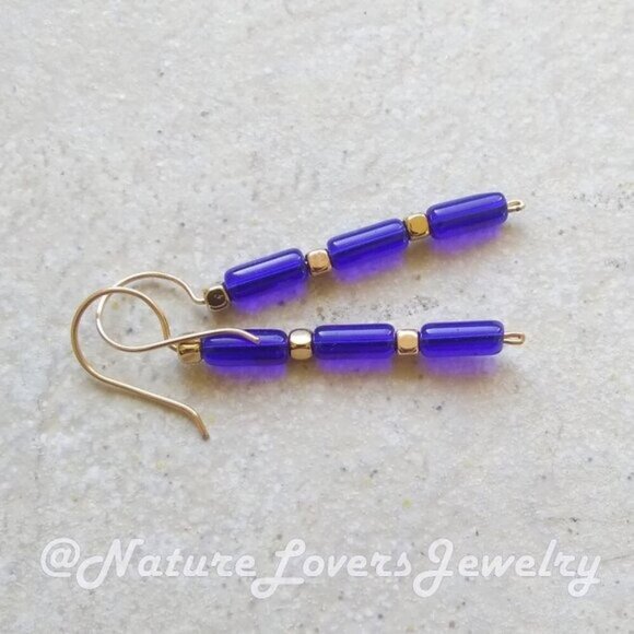🍂🍁🍃 3/$25!!! Blue Glass Rods ~ Beaded Stick Earrings! Lightweight! - Picture 1 of 8